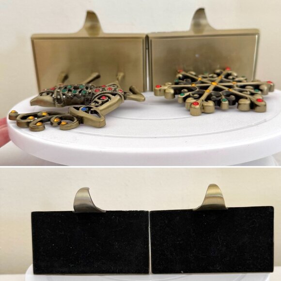 Reindeer Snowflake Metal Stocking Holder Set Christmas Mantel Hooks Gold Tone - Picture 6 of 16